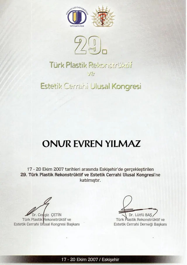 certificat congres național TPRECD a 29-a, chirurg plastician Izmir