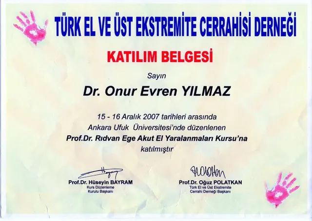 certificat curs leziuni acute ale mâinii, chirurg plastician Izmir