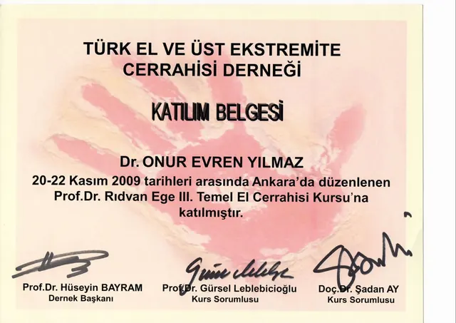 certificat curs bază chirurgie a mâinii a 3-a, chirurg plastician Izmir