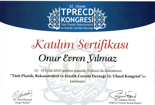 certificat congres național TPRECD a 32-a, chirurg plastician Izmir