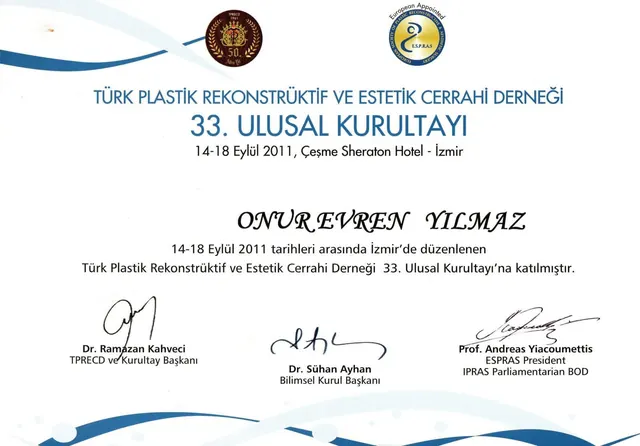 certificat congres național TPRECD a 33-a, chirurg plastician Izmir