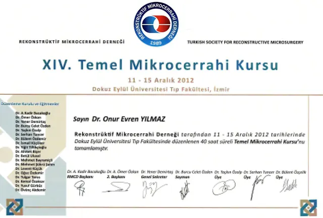 certificat curs microchirurgie de bază a 14-a, chirurg plastician Izmir