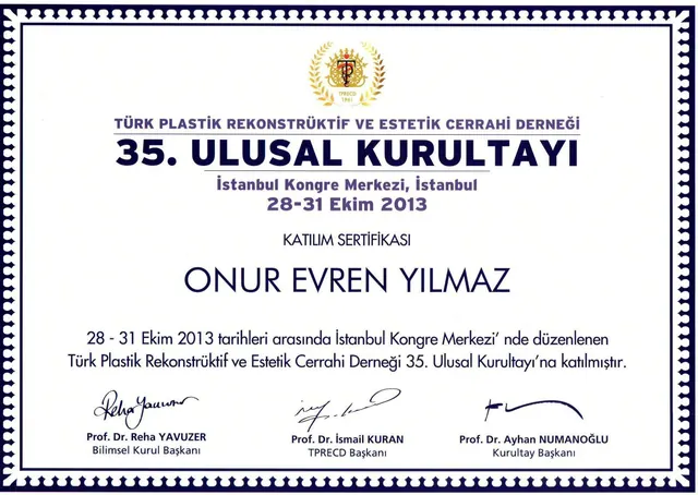 certificat congres național TPRECD a 35-a, chirurg plastician Izmir