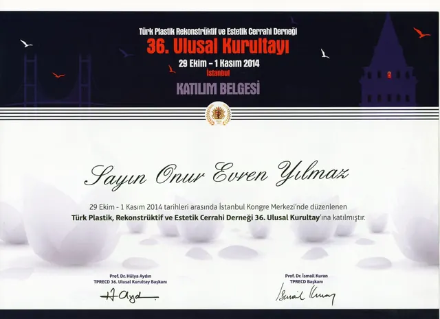 certificat congres național TPRECD a 36-a, chirurg plastician Izmir