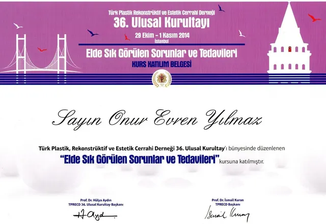 certificat probleme frecvente ale mâinii și tratament, chirurg plastician Izmir