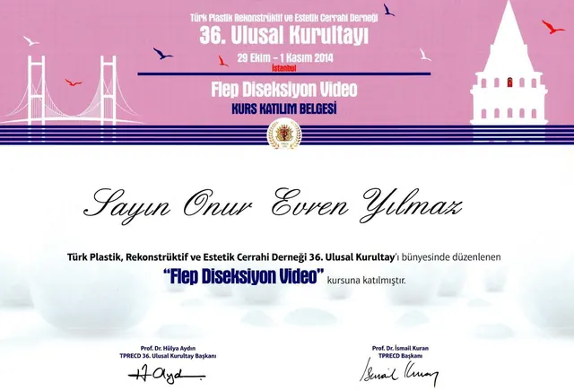 certificat curs video disecție lambouri, chirurg plastician Izmir