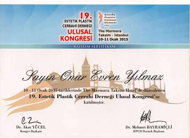 certificat congres național chirurgie plastică estetică a 19-a, chirurg plastician Izmir