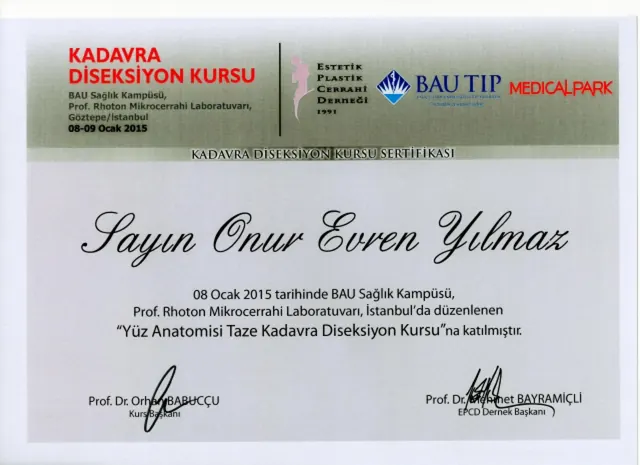 certificat disecție cadavru anatomie facială, chirurg plastician Izmir