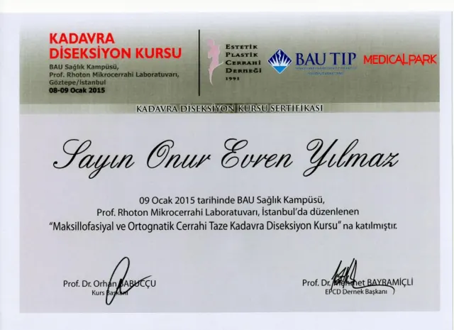 certificat disecție cadavru chirurgie maxilo-facială și ortognatică, chirurg plastician Izmir