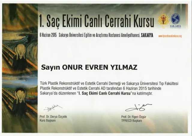 certificat al 1-lea curs de chirurgie live transplant de păr, chirurg plastician Izmir