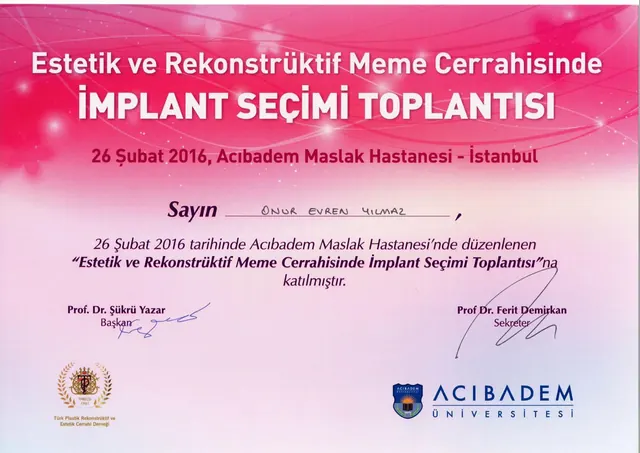 certificat alegerea implanturilor mamare estetice și reconstructive, chirurg plastician Izmir