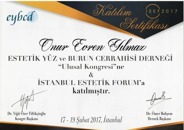 certificat congres ISEF chirurgie estetică facială și nazală, chirurg plastician Izmir