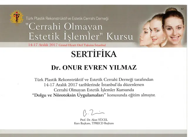 certificat aplicații filler și neurotoxină, chirurg plastician Izmir