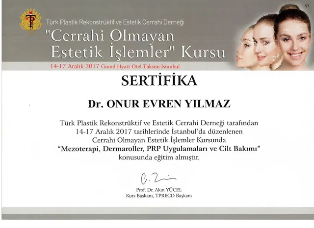 certificat mezoterapie, dermaroller, PRP și îngrijirea pielii, chirurg plastician Izmir